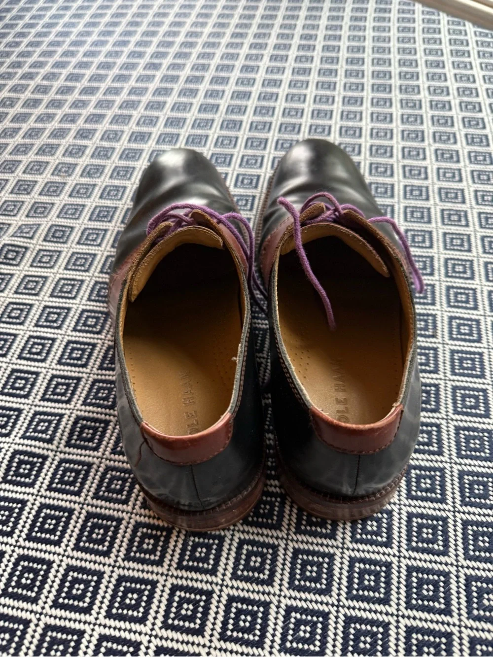 Cole Haan Two-Tone Leather Oxfords in Black and Brown with Purple Laces